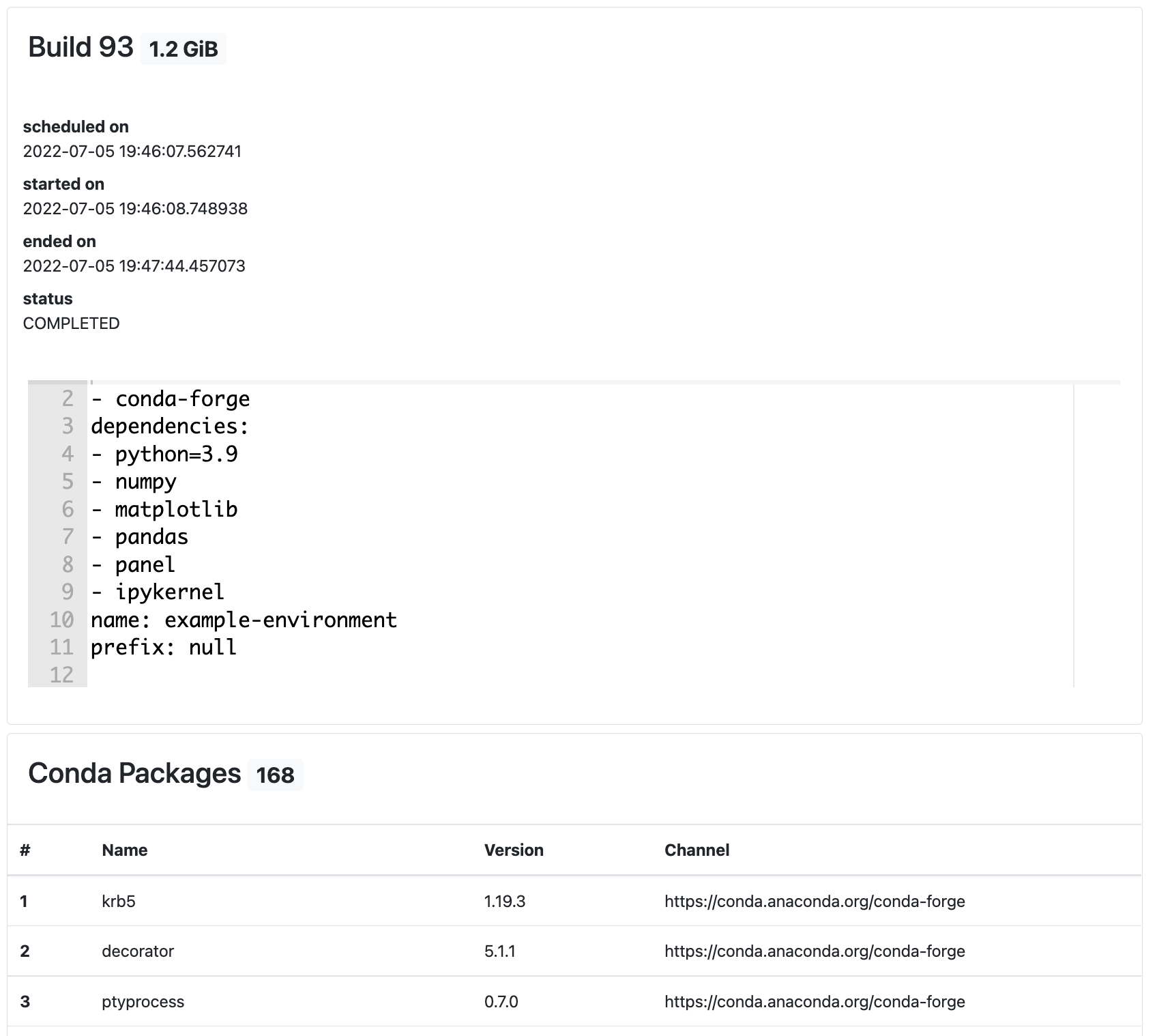 conda-store UI - Sample environment build details page: showing build details, specification file, and conda packages