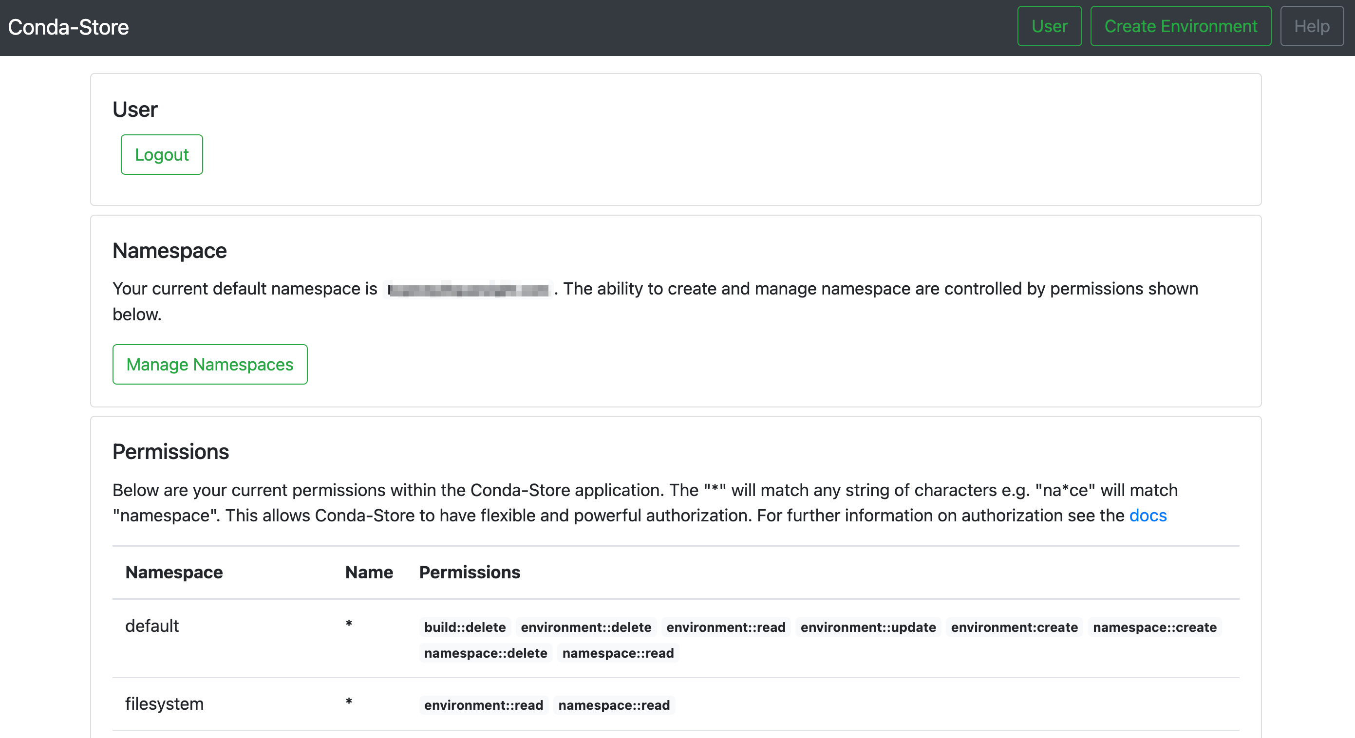 conda-store dashboard UI - after authentication